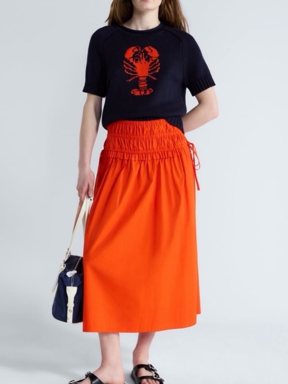 Bright Orange Shirred Waist Midi Skirt Tie Sides Elastic Waist Cotton SZ Medium